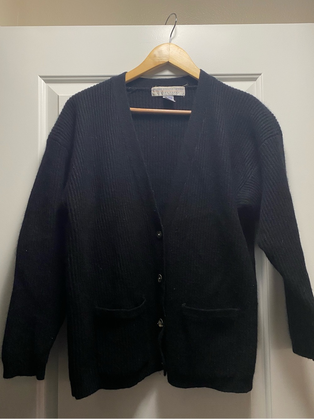 VTG Black Luxury Wool Blend Cardigan Mother of Pearl Buttons Petite L